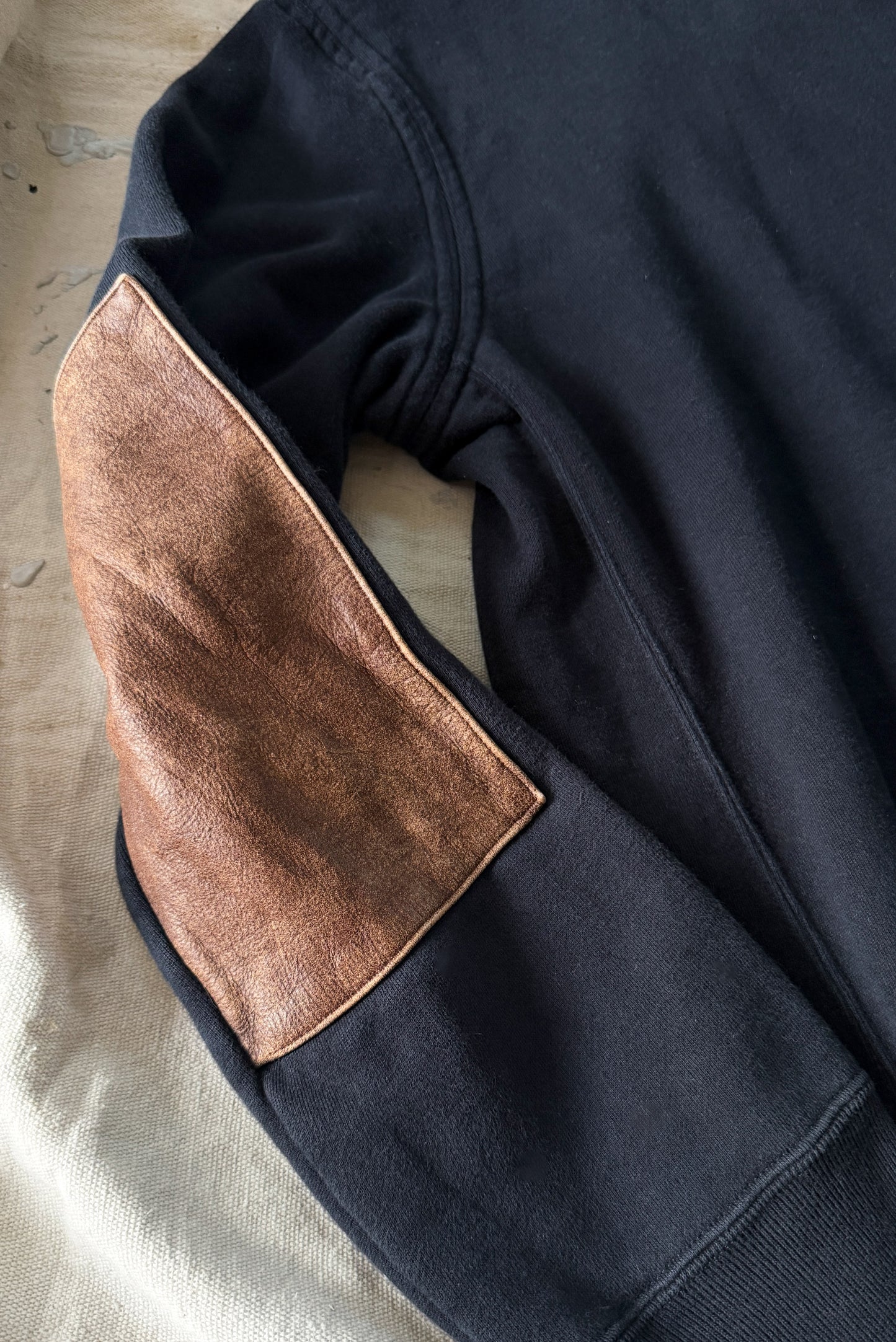 Billy Reid Dover Sweatshirt with Leather Elbow Patches in Dark Midnight (men's L)