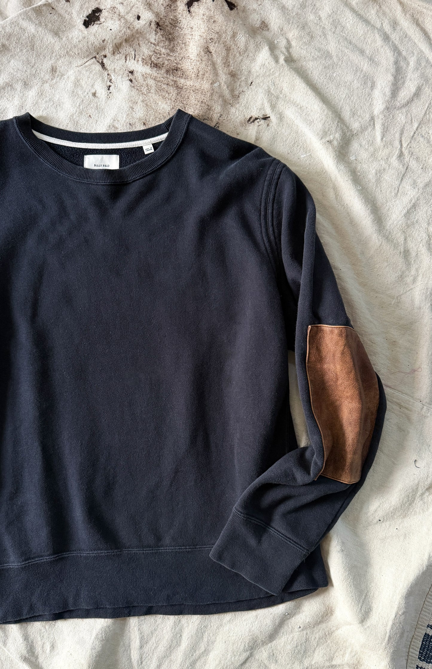 Billy Reid Dover Sweatshirt with Leather Elbow Patches in Dark Midnight (men's L)