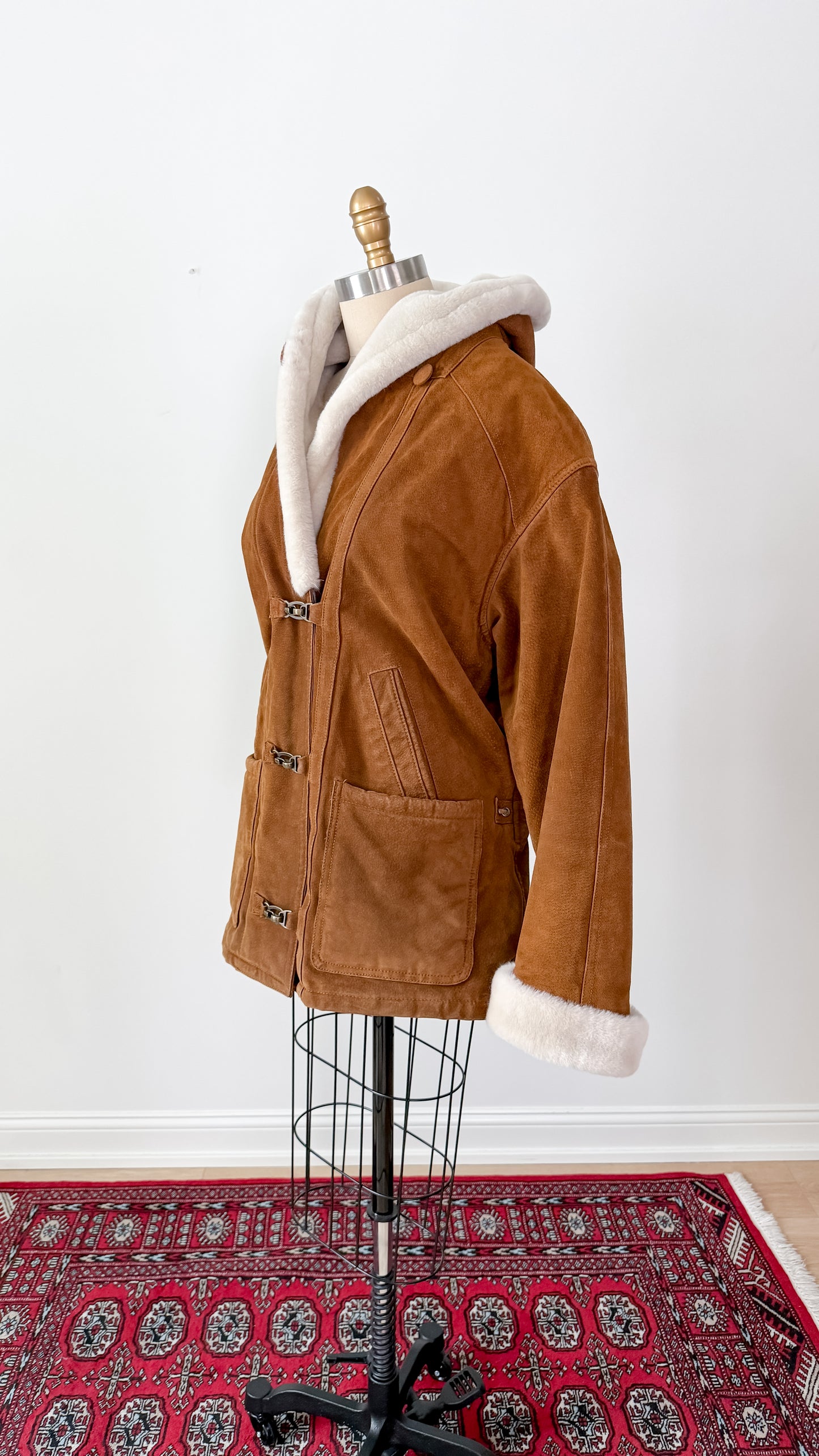 Vintage 90s Brown Suede Leather Faux Fur Lining Winter Coat (L)