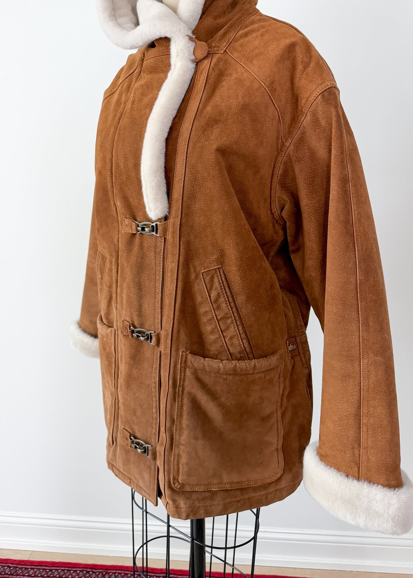 Vintage 90s Brown Suede Leather Faux Fur Lining Winter Coat (L)