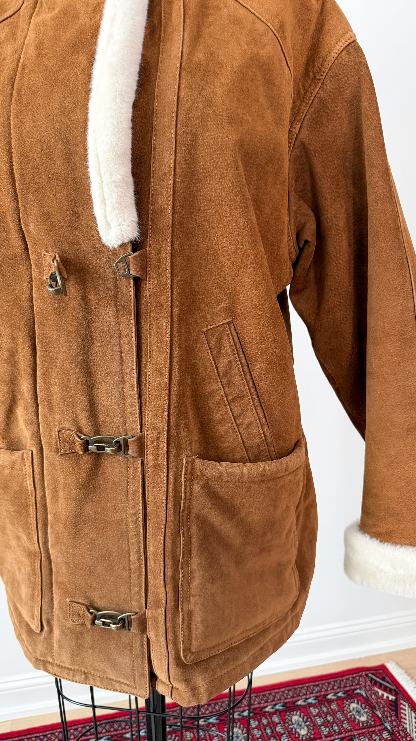 Vintage 90s Brown Suede Leather Faux Fur Lining Winter Coat (L)
