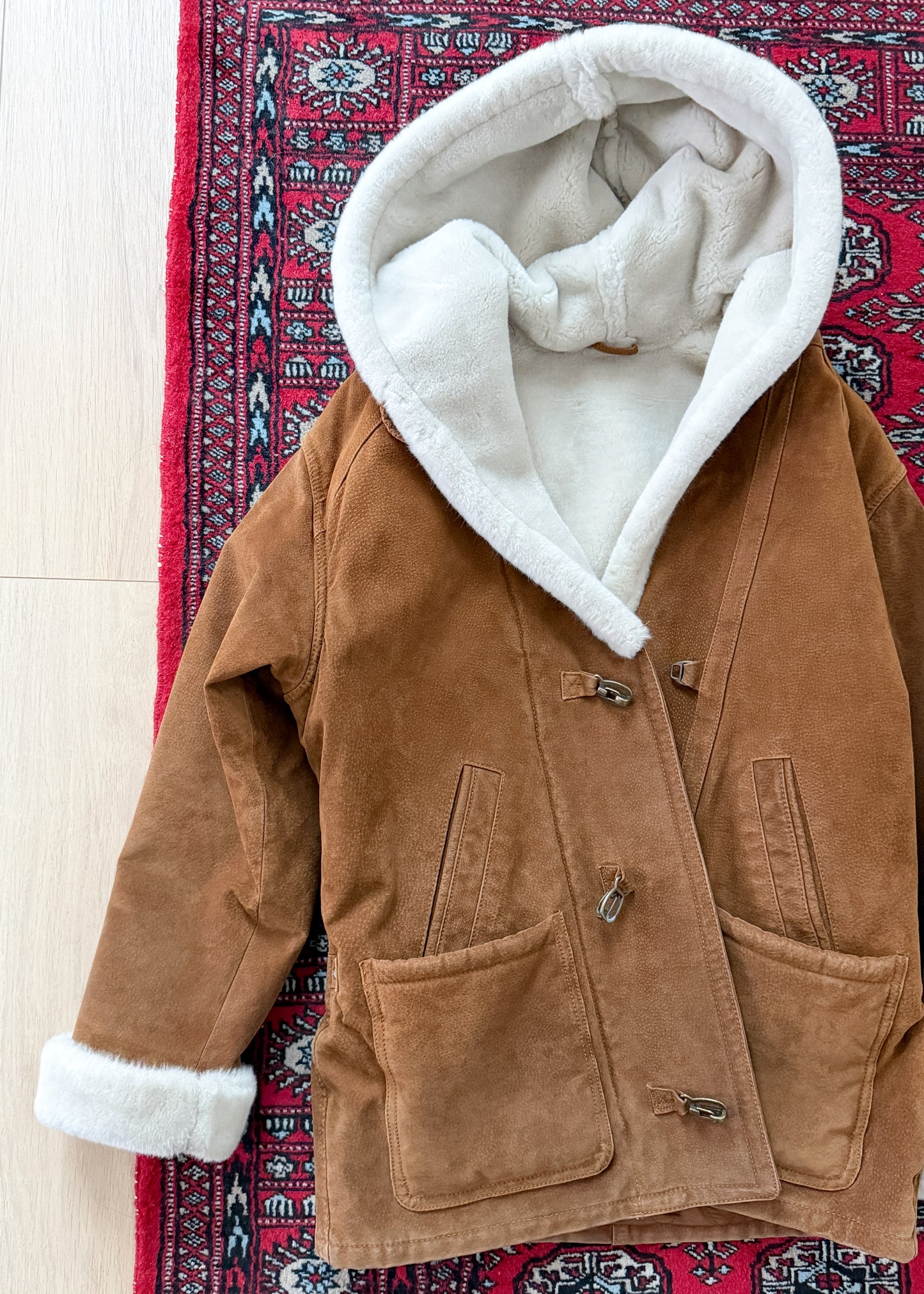 Vintage 90s Brown Suede Leather Faux Fur Lining Winter Coat (L)