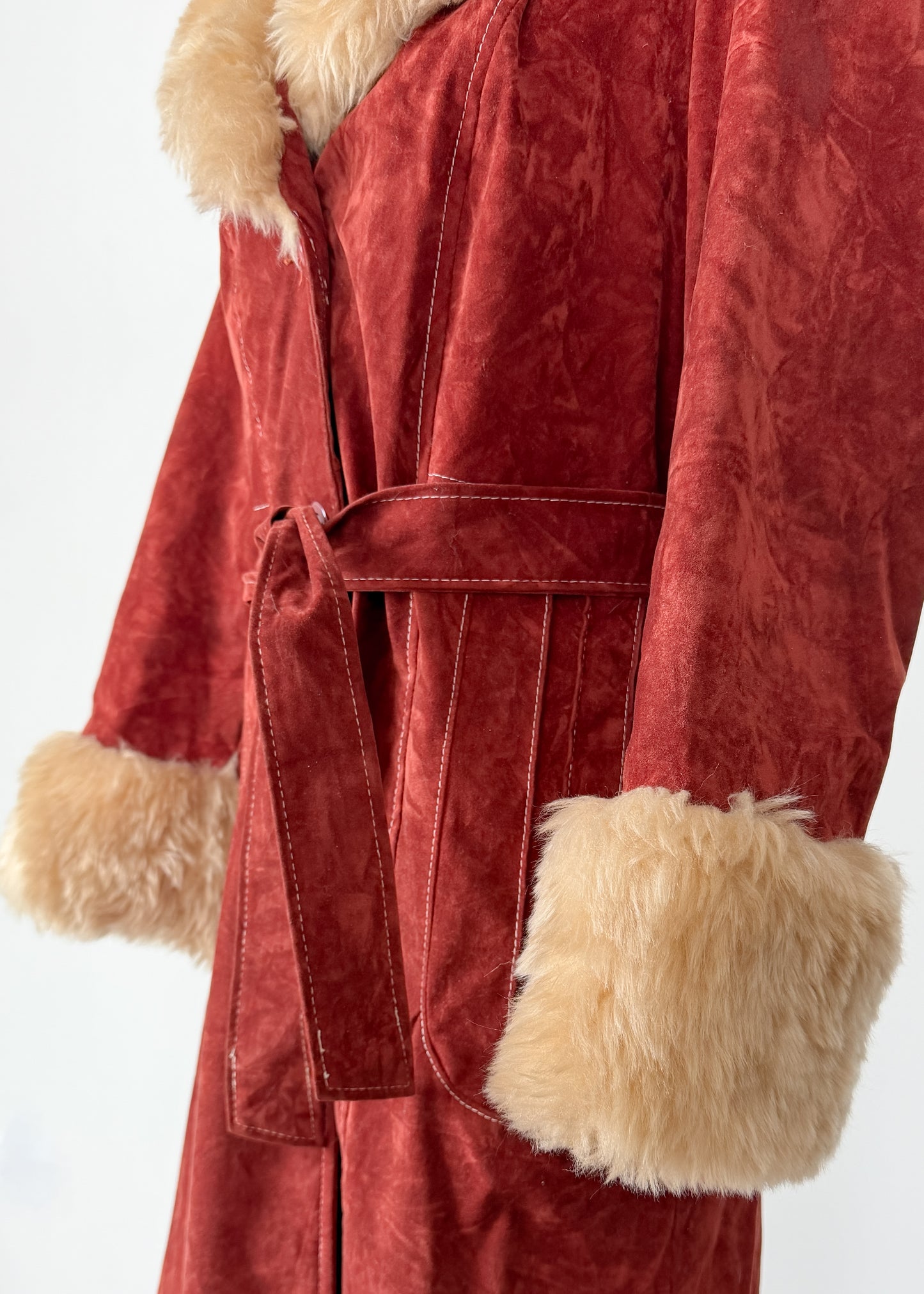 Vintage 70s Rust Crushed Velvet & Faux Fur Penny Lane Coat (M)