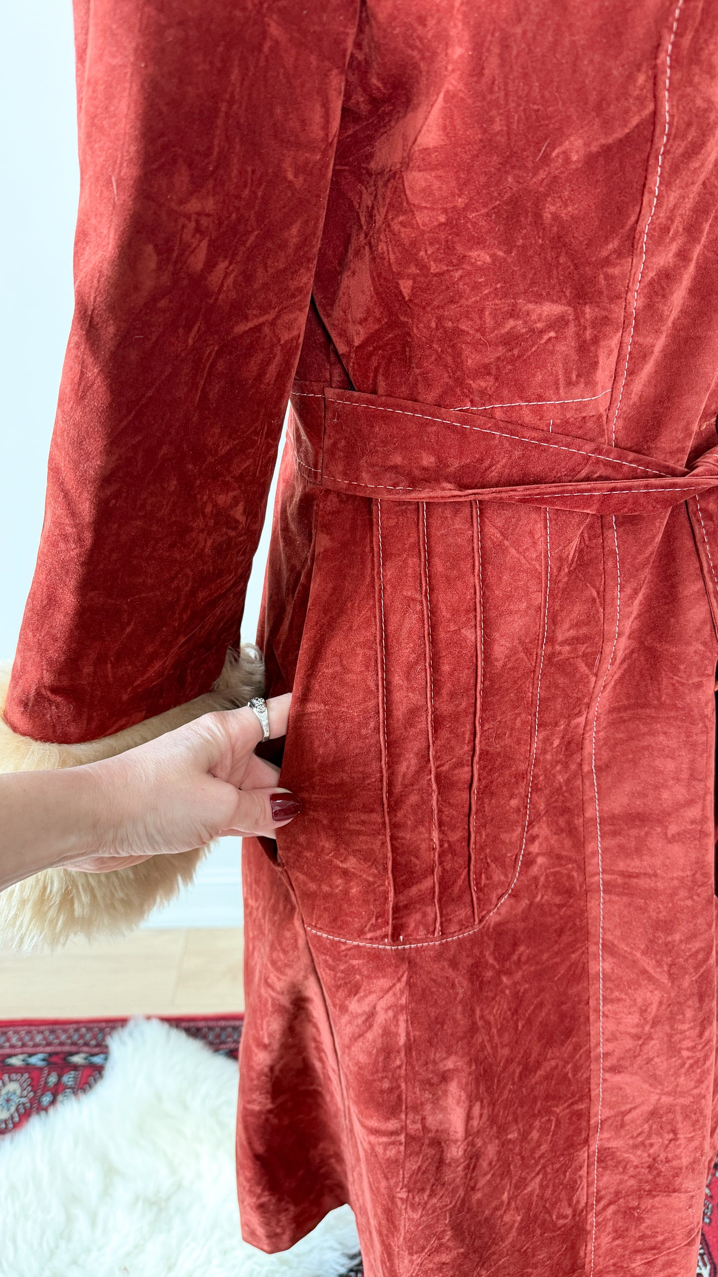 Vintage 70s Rust Crushed Velvet & Faux Fur Penny Lane Coat (M)