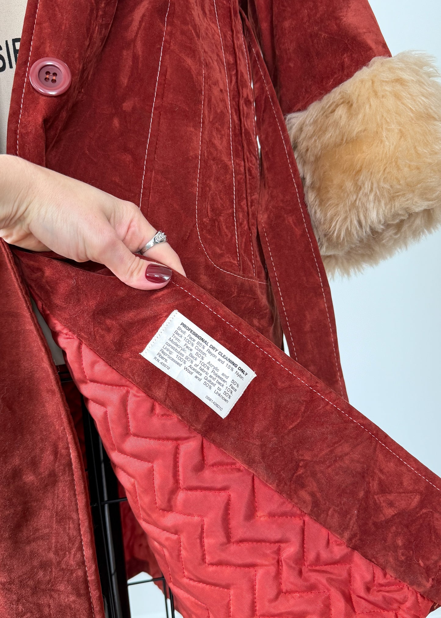 Vintage 70s Rust Crushed Velvet & Faux Fur Penny Lane Coat (M)