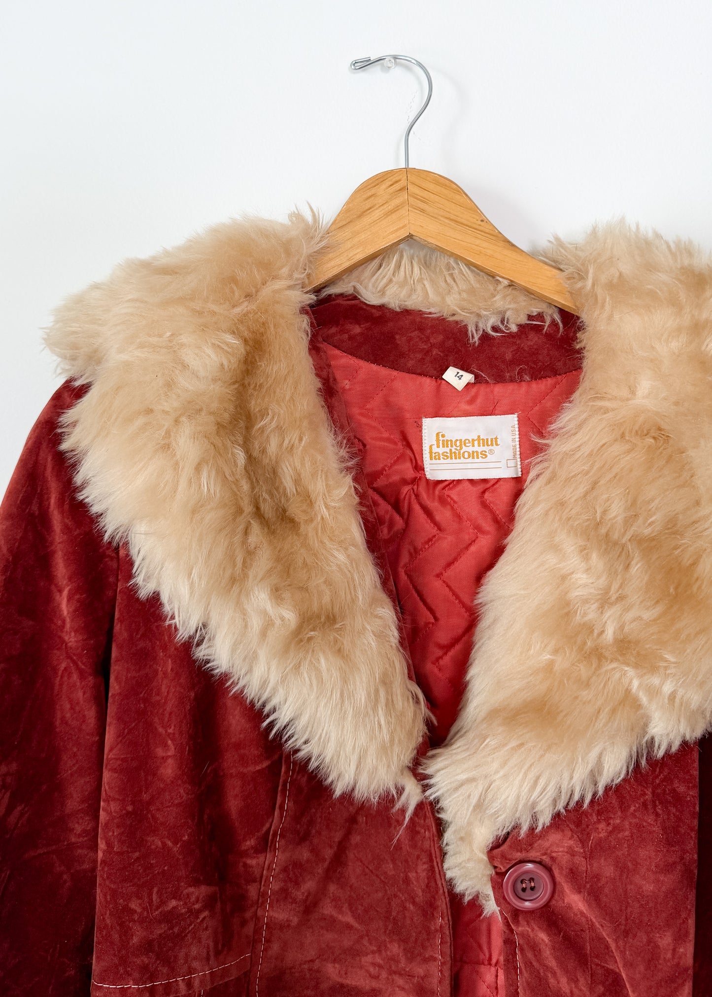 Vintage 70s Rust Crushed Velvet & Faux Fur Penny Lane Coat (M)