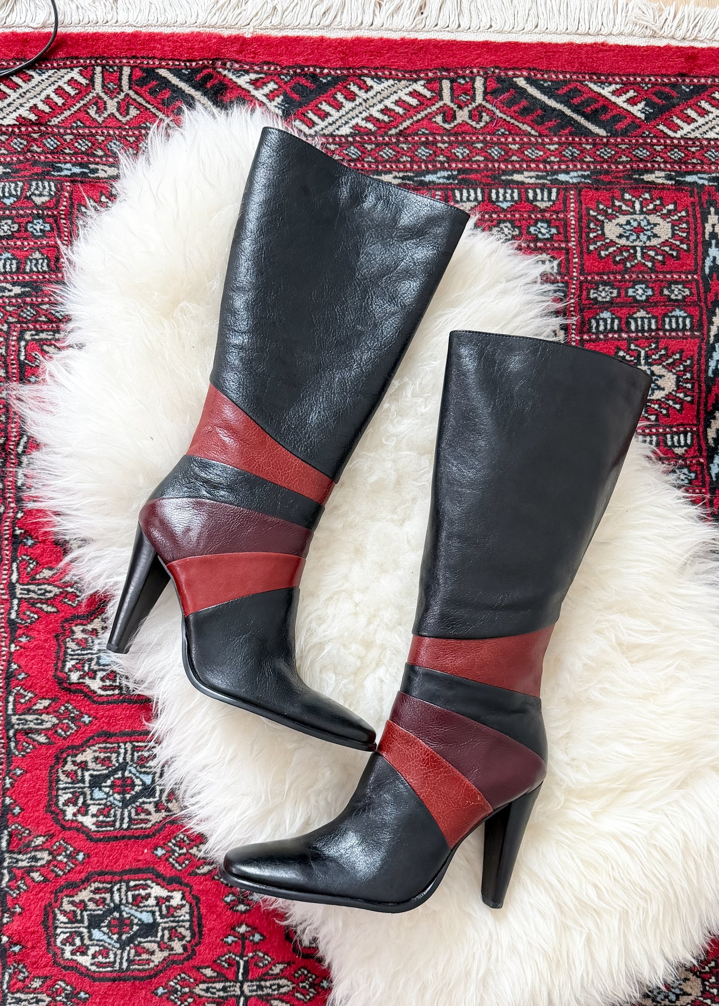 Vintage 90s Bronx Black Leather Patchwork Heeled Tall Boots (10)