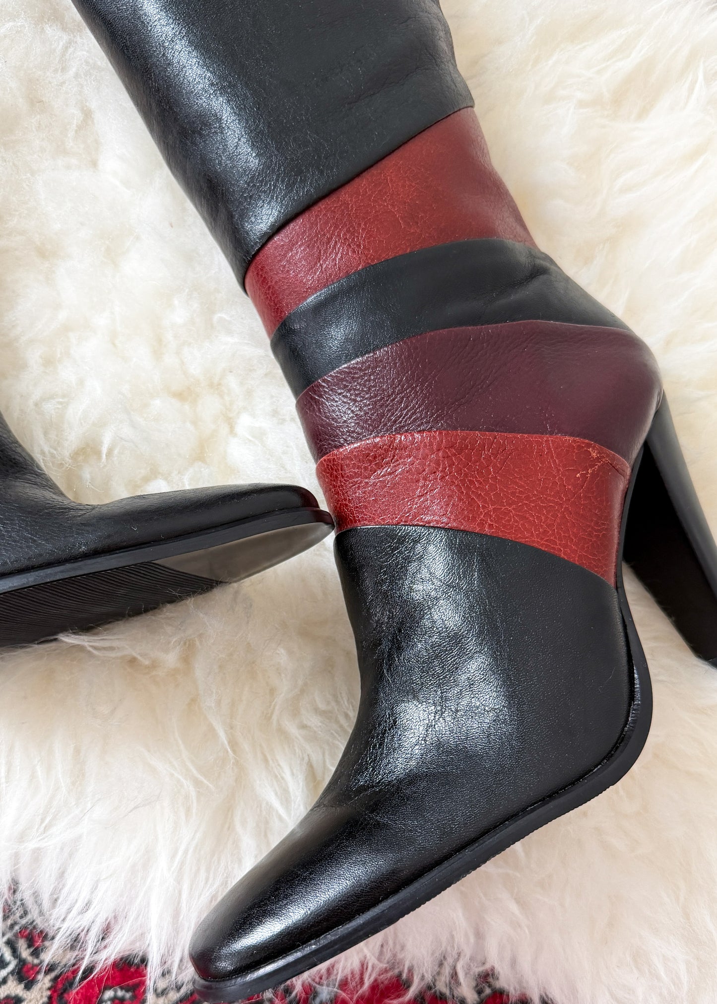 Vintage 90s Bronx Black Leather Patchwork Heeled Tall Boots (10)