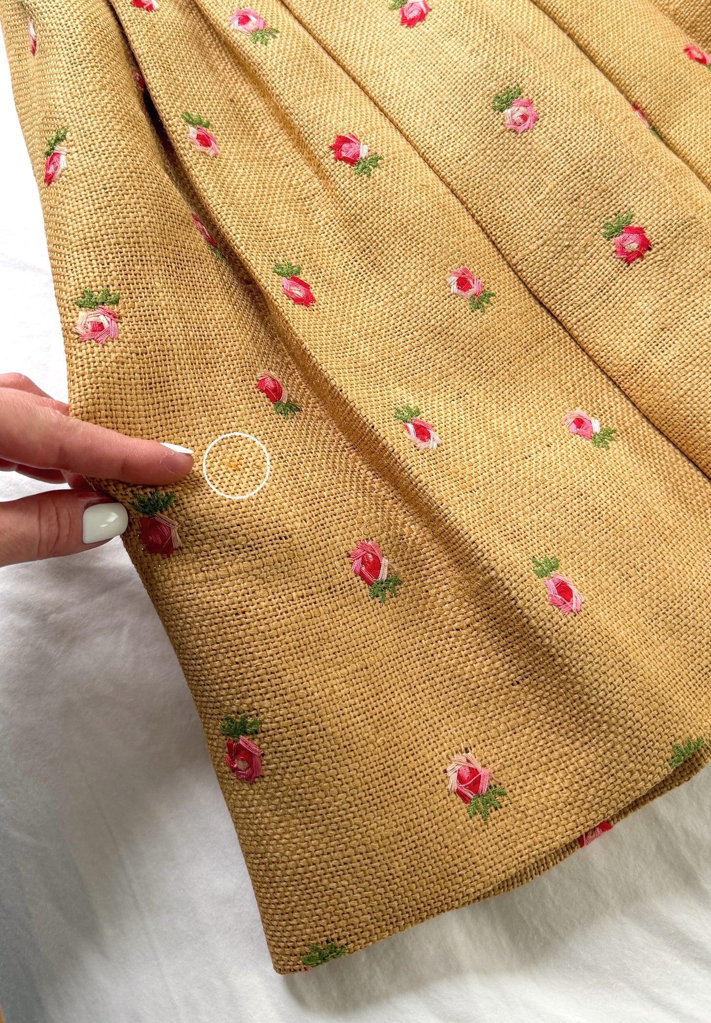 Vintage 1950s Burlap Rose Embroidered Garden Party Belted Dress