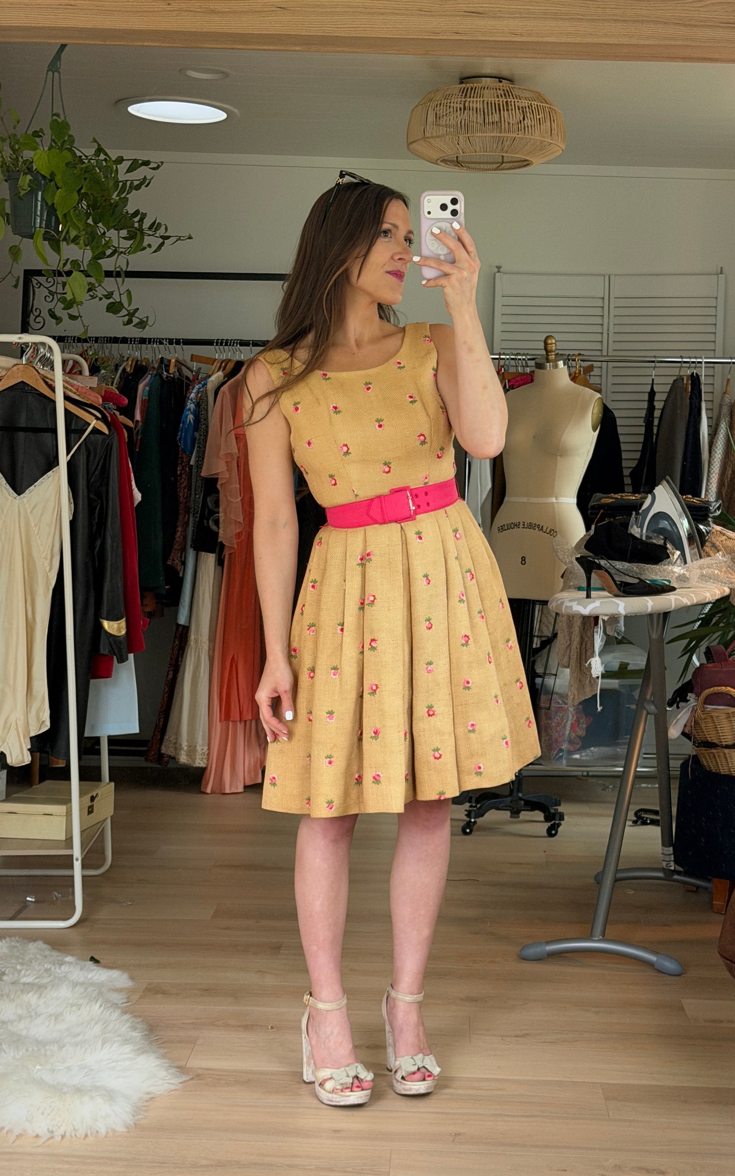 Vintage 1950s Burlap Rose Embroidered Garden Party Belted Dress