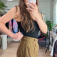 Vintage 90s Liz Claiborne Khaki Brown Buckle Waist Tapered Snap Ankle Cotton Pants