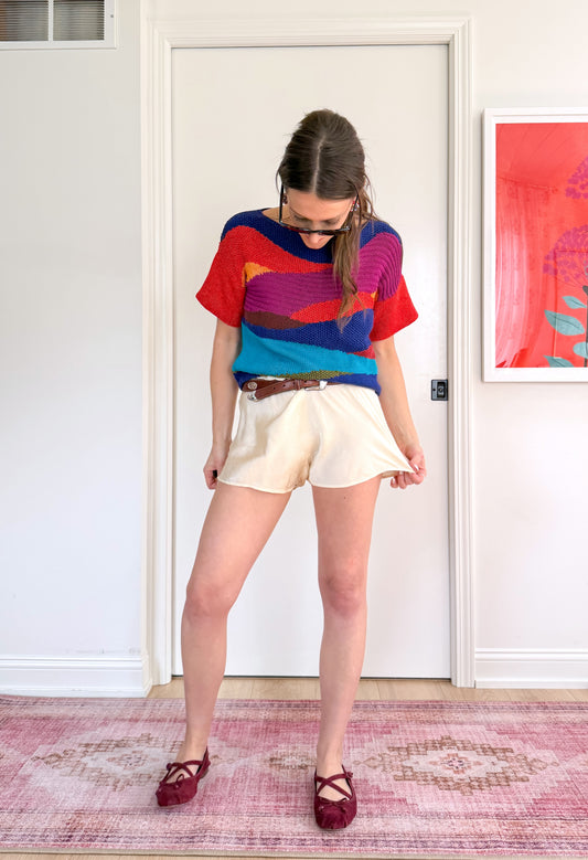 Vintage Ellen Tracy Colorful Sunset Handknit Short Sleeve Top (S)