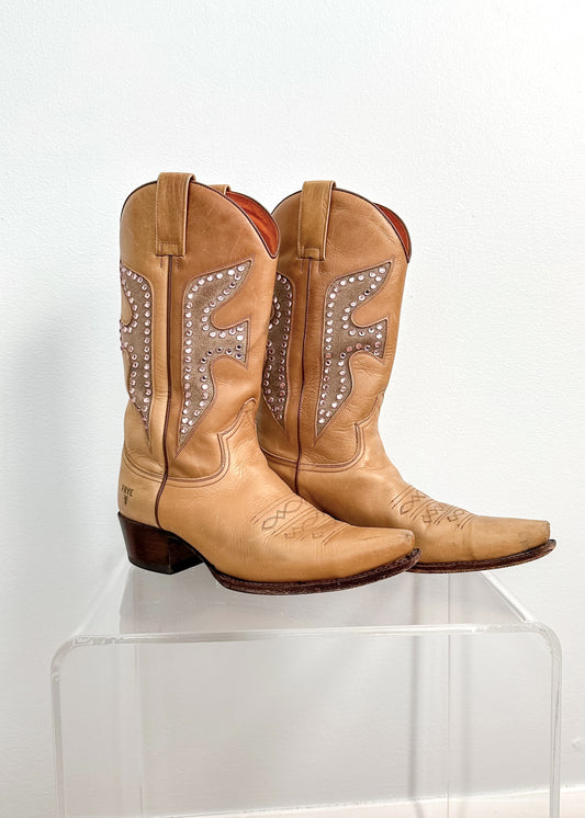 Vintage Frye Daisy Duke Tan Brown Leather Pink Crystal Studded Cowboy Boots (9)
