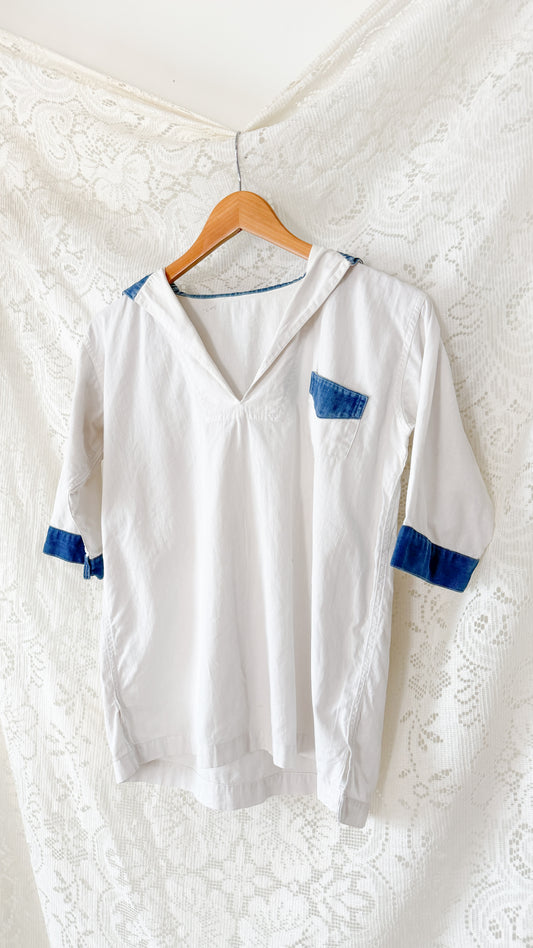 1940s White Nautical Sailor Blouse with Chambray Trim