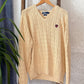 Vintage 90s Polo Ralph Lauren Cream Cable Knit Cotton V-Neck Crest Sweater