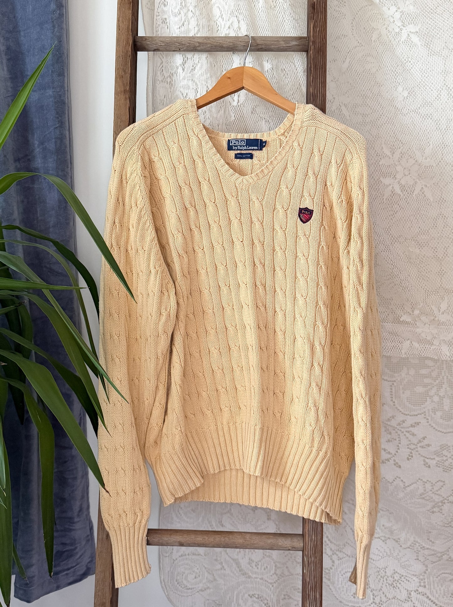 Vintage 90s Polo Ralph Lauren Cream Cable Knit Cotton V-Neck Crest Sweater