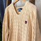 Vintage 90s Polo Ralph Lauren Cream Cable Knit Cotton V-Neck Crest Sweater