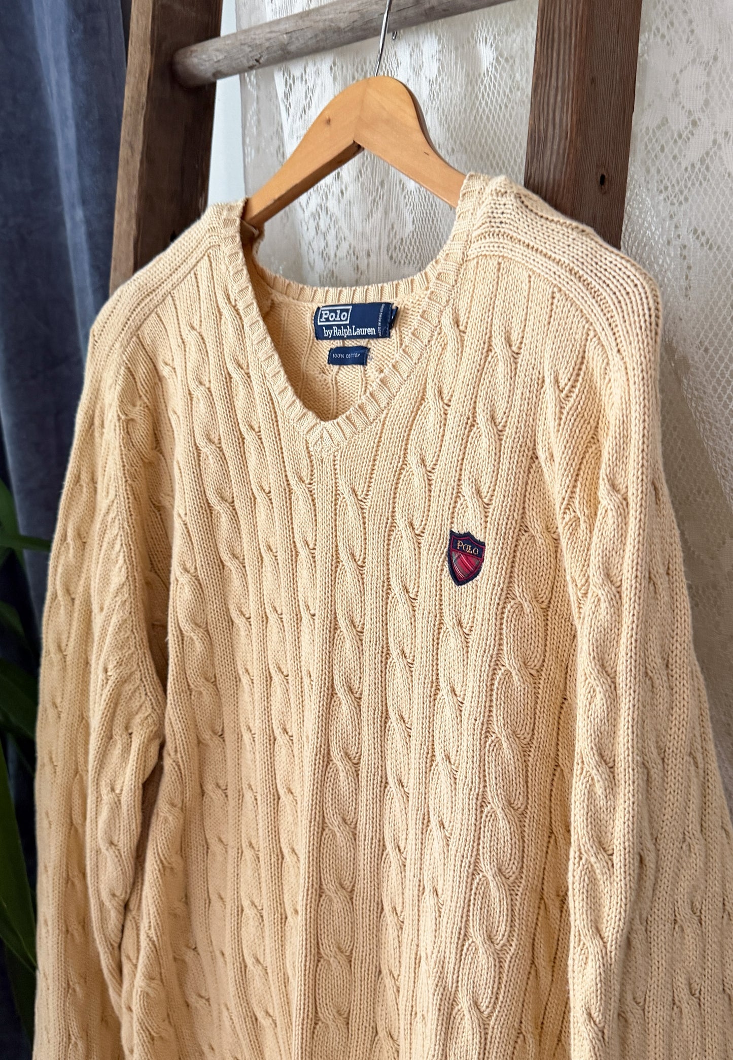 Vintage 90s Polo Ralph Lauren Cream Cable Knit Cotton V-Neck Crest Sweater