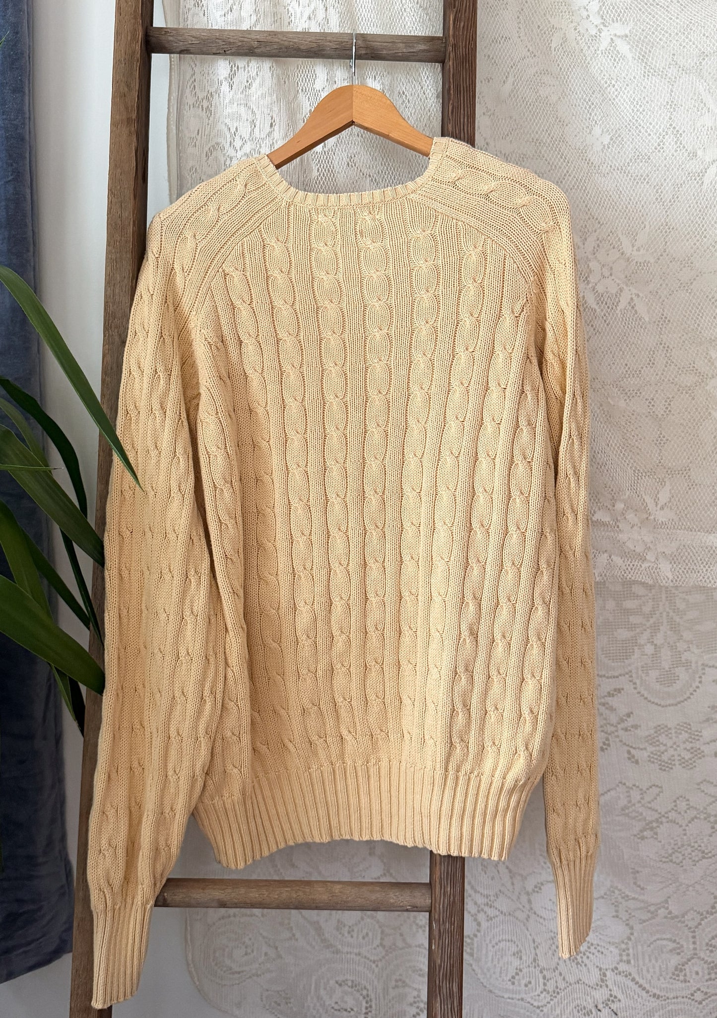 Vintage 90s Polo Ralph Lauren Cream Cable Knit Cotton V-Neck Crest Sweater