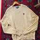 Vintage 90s Polo Ralph Lauren Cream Cable Knit Cotton V-Neck Crest Sweater