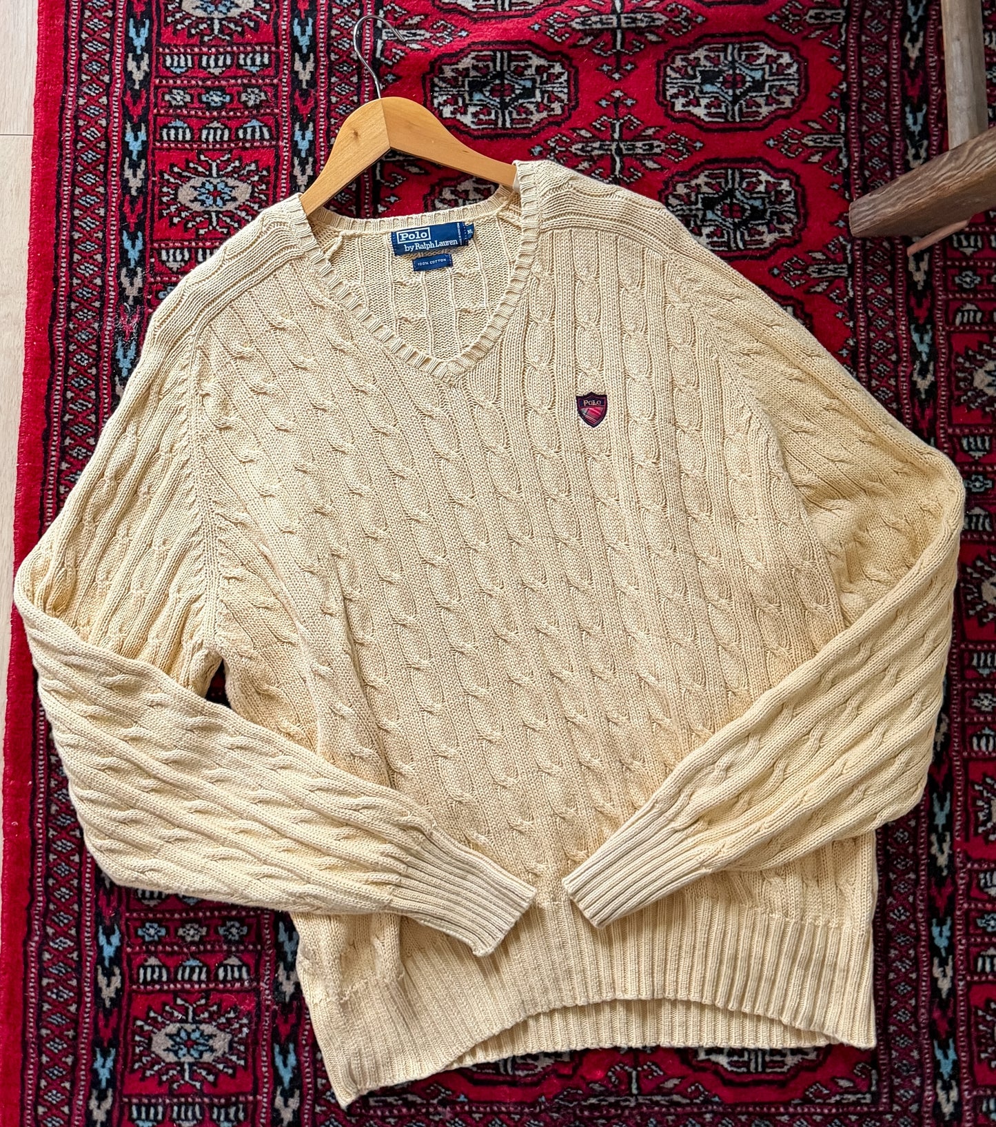 Vintage 90s Polo Ralph Lauren Cream Cable Knit Cotton V-Neck Crest Sweater