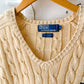 Vintage 90s Polo Ralph Lauren Cream Cable Knit Cotton V-Neck Crest Sweater