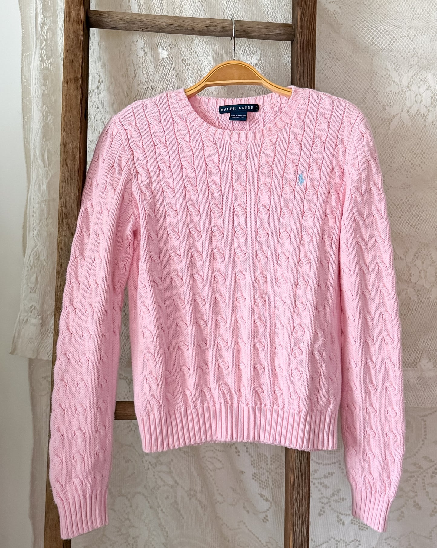 Ralph Lauren Pink Cotton Cable Knit Sweater with Blue Pony