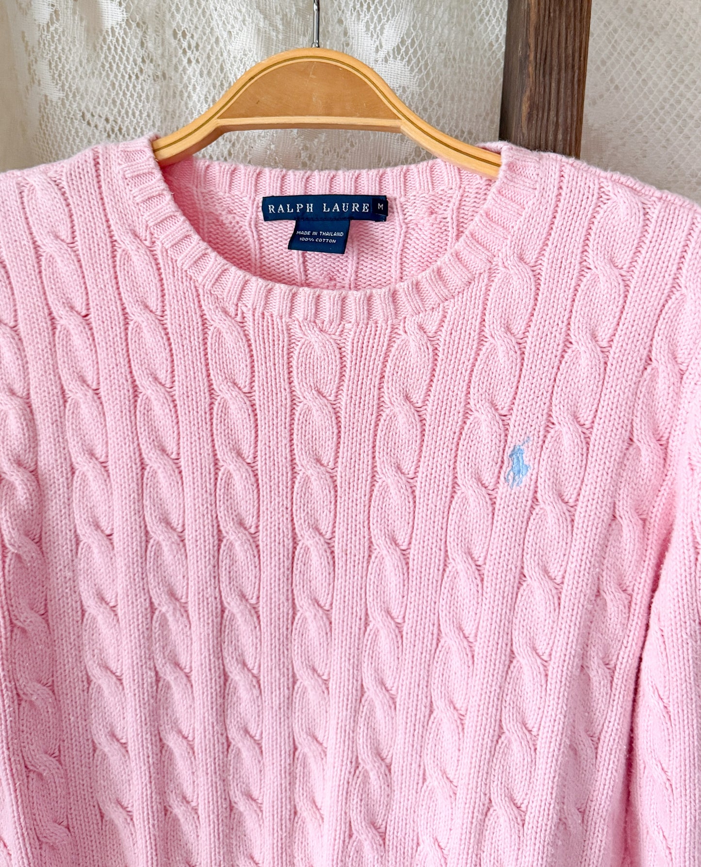 Ralph Lauren Pink Cotton Cable Knit Sweater with Blue Pony