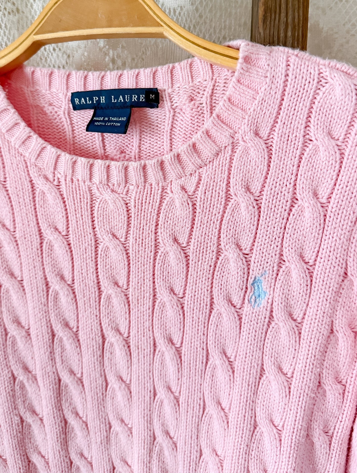 Ralph Lauren Pink Cotton Cable Knit Sweater with Blue Pony