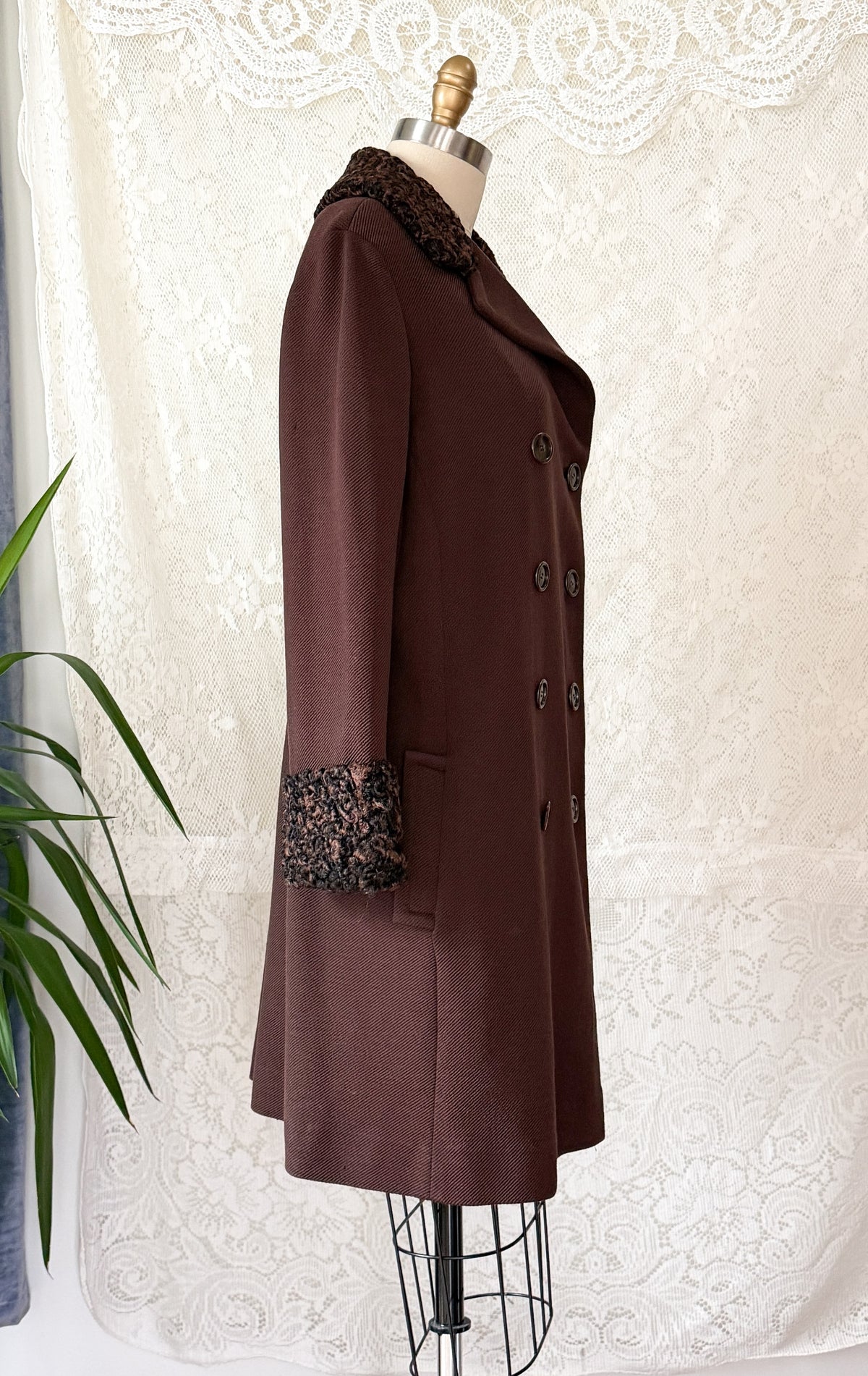 Vintage 1970s Chocolate Brown Double Breasted Coat Persian Curly Lamb Fur Trim