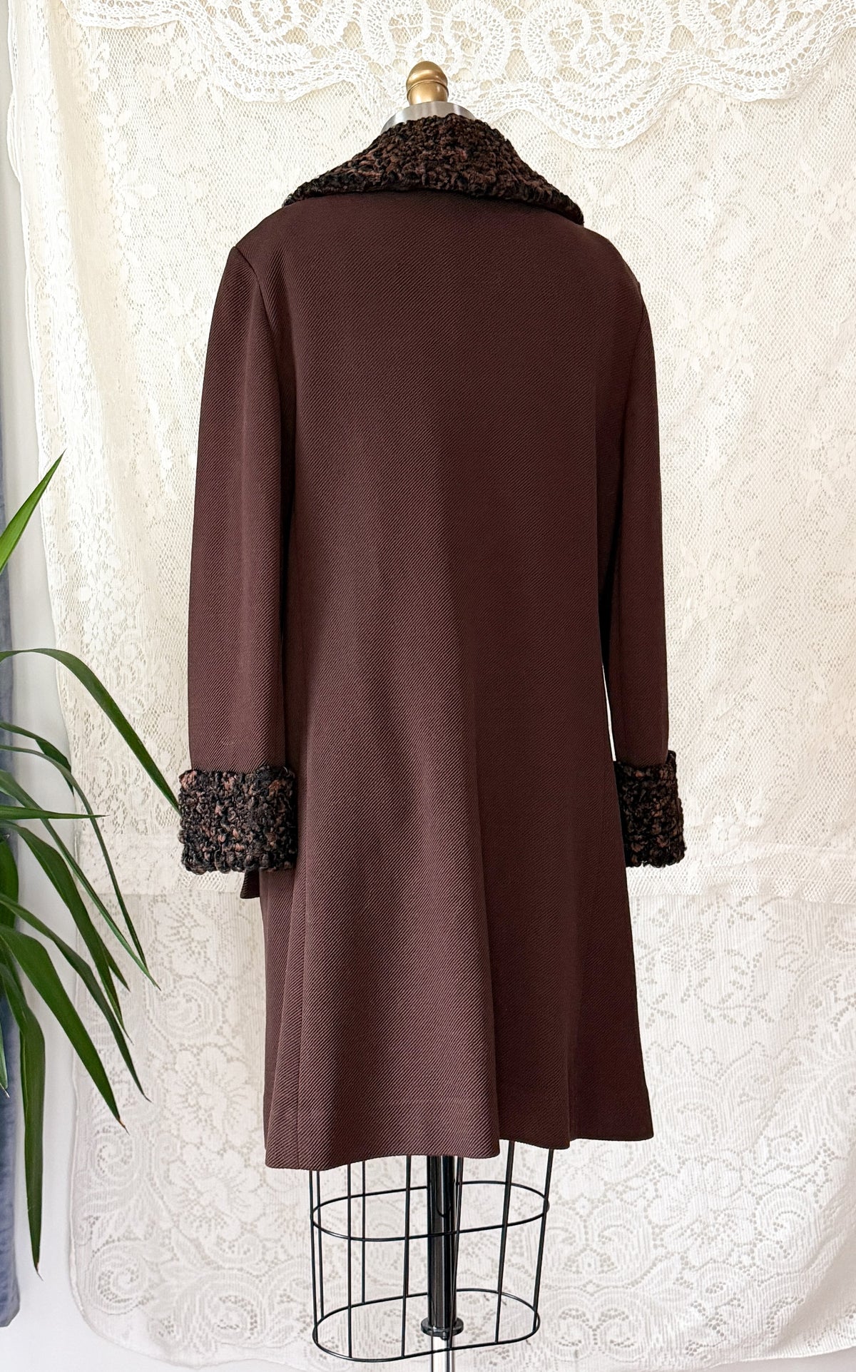 Vintage 1970s Chocolate Brown Double Breasted Coat Persian Curly Lamb Fur Trim