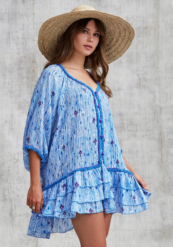 Poupette St Barth Blue Purple Poncho Tunic Mini Dress (One Size)