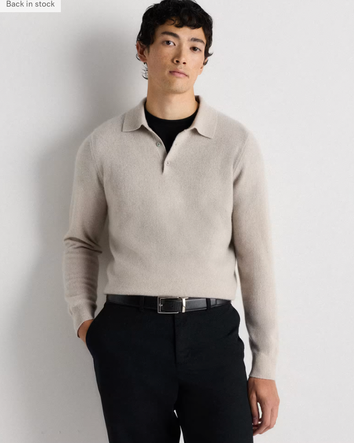 Quince Men's Mongolian Cashmere Knit Polo Sweater Top in Heathered Cloud Beige
