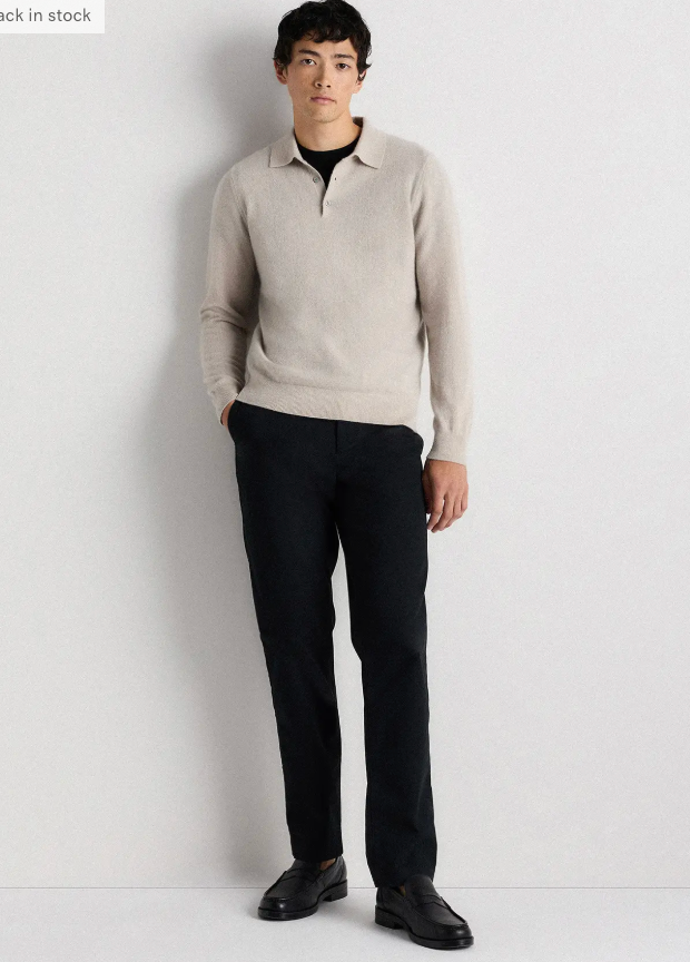 Quince Men's Mongolian Cashmere Knit Polo Sweater Top in Heathered Cloud Beige