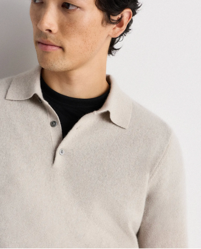 Quince Men's Mongolian Cashmere Knit Polo Sweater Top in Heathered Cloud Beige