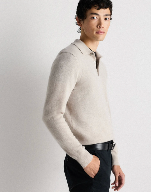 Quince Men's Mongolian Cashmere Knit Polo Sweater Top in Heathered Cloud Beige