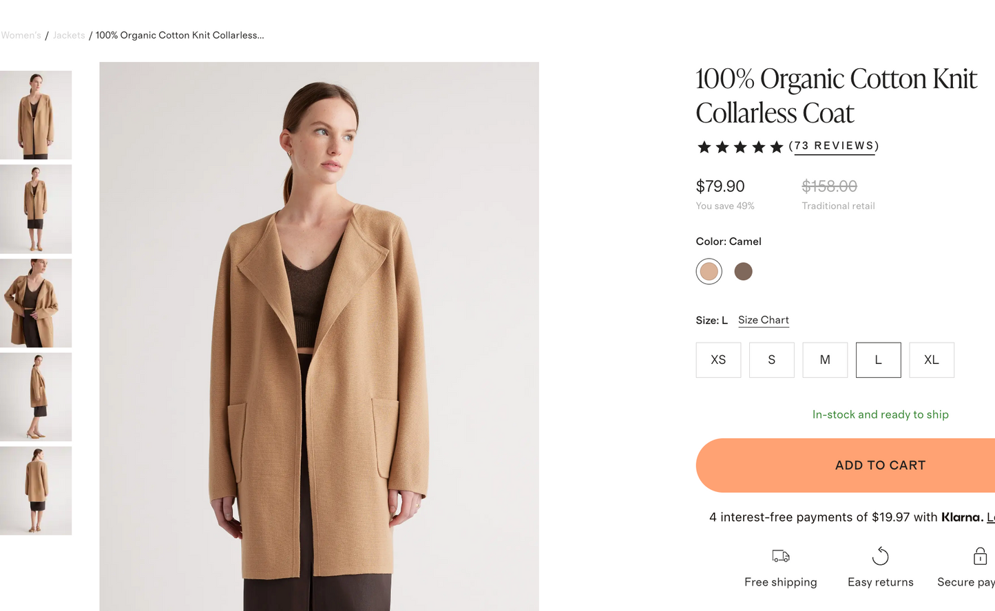 Quince 100% Organic Cotton Knit Collarless Coat (L)