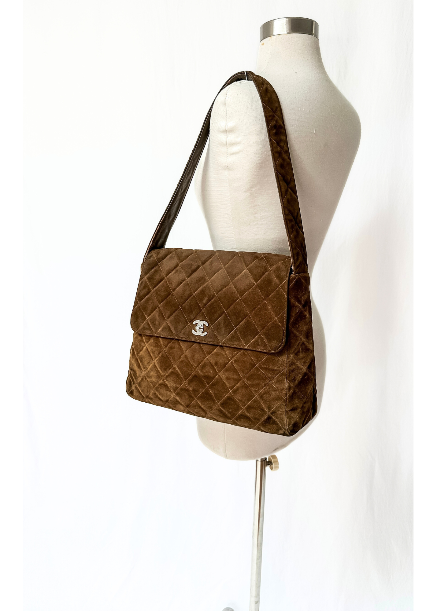 Vintage Chanel Brown Suede Quilted Matelassé Silver Turnlock Tote Purse