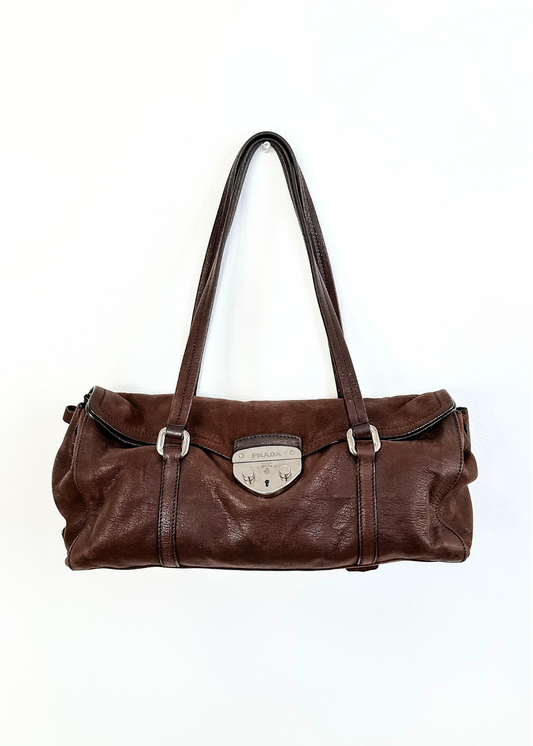 Prada Brown Leather Cervo Antik Easy Foldover Pushlock Purse