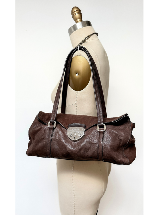 Prada Brown Leather Cervo Antik Easy Foldover Pushlock Purse