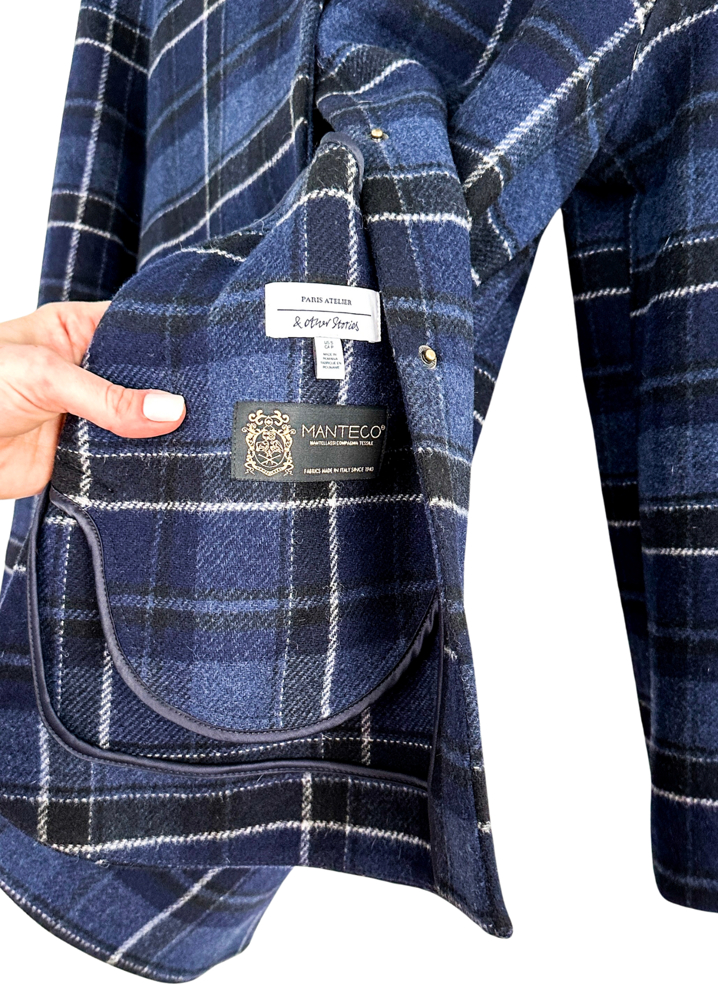 & other stories Wool Hooded Coat in Blue Check (S)