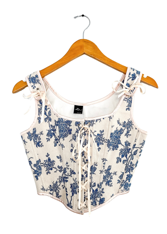 Alivila Blue Floral Romantic Corset Lace Up Top (S)