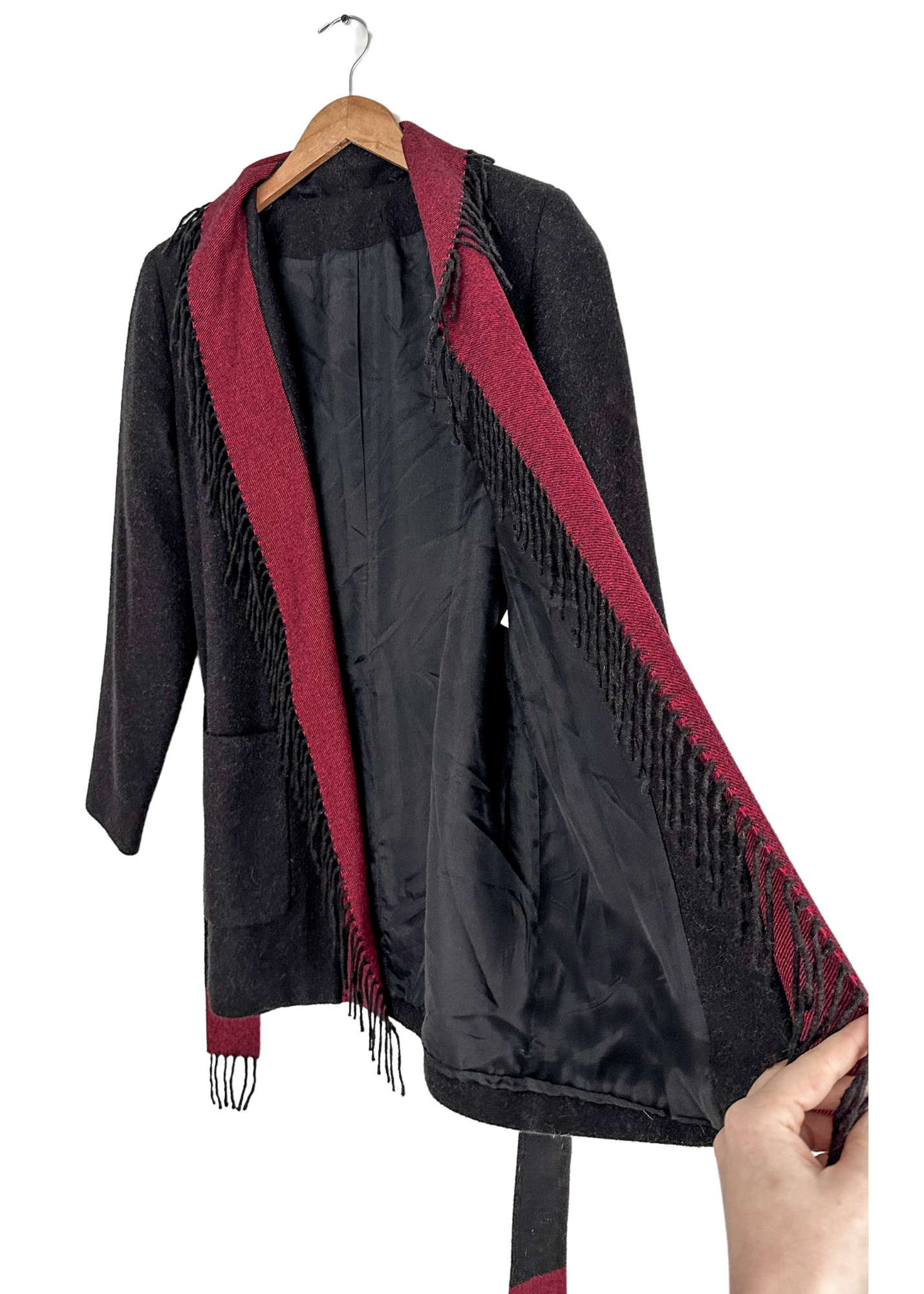 Black Fringe Trim Tie Belt Camel Hair Cardigan Sweater