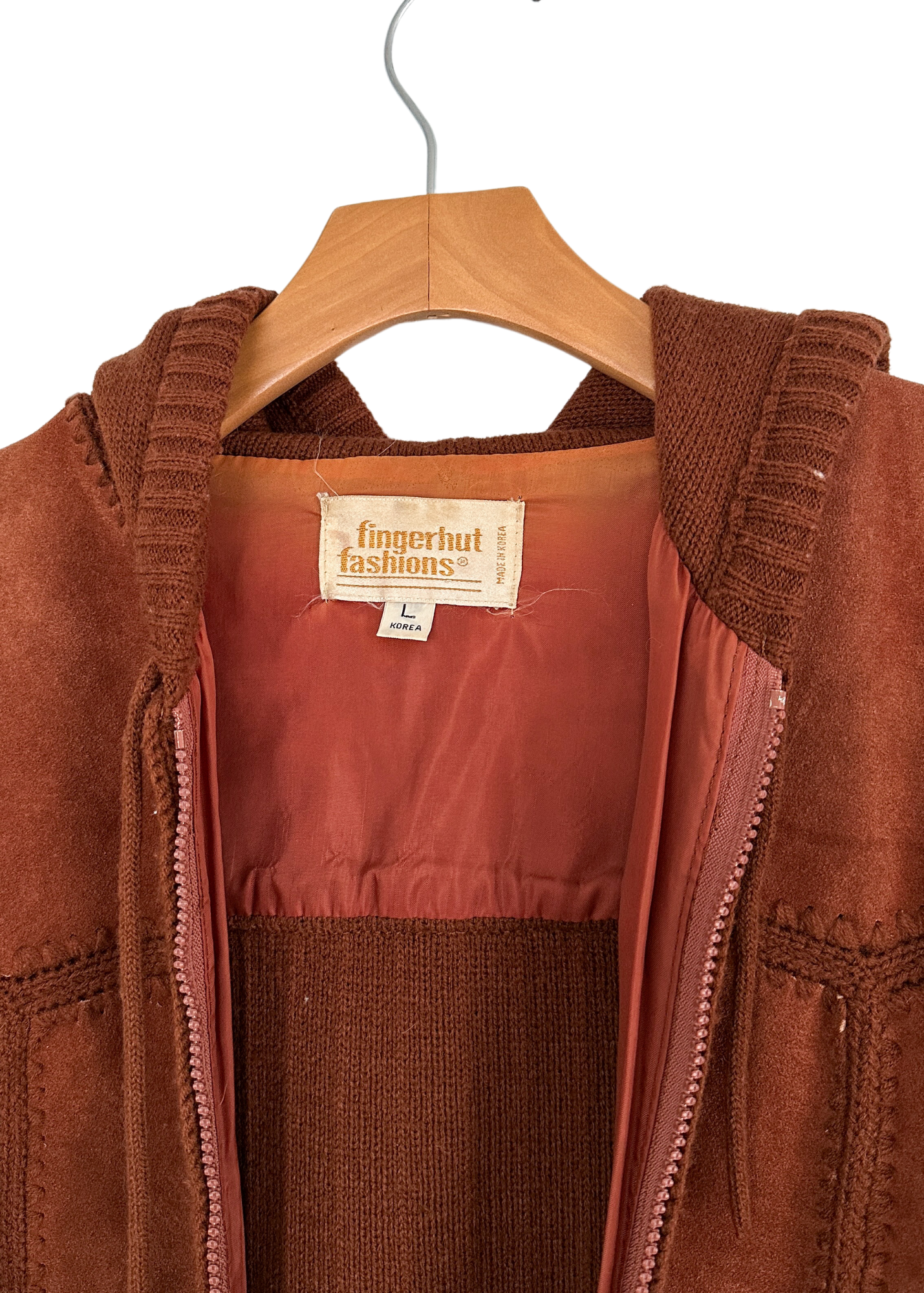 Vintage 1970s Brown Suede Patchwork and Knit Belted Jacket (L)