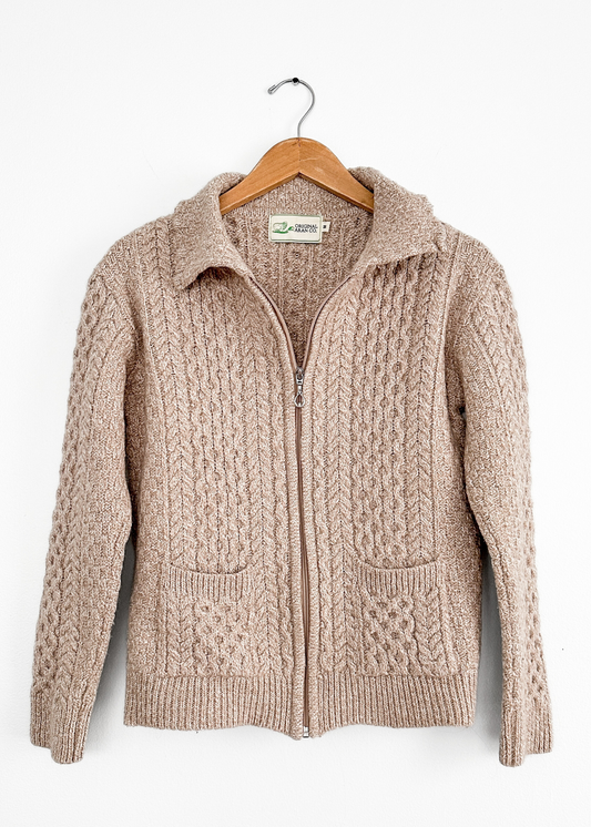 Original Aran Co. Irish Light Brown Cable Knit Zip Front Knit Sweater (M)