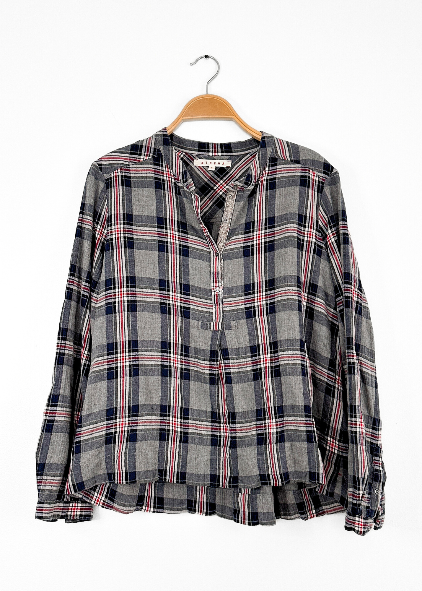 Xirena Navy Gray and Red Plaid Flannel 1/4 Button Down Top (S)