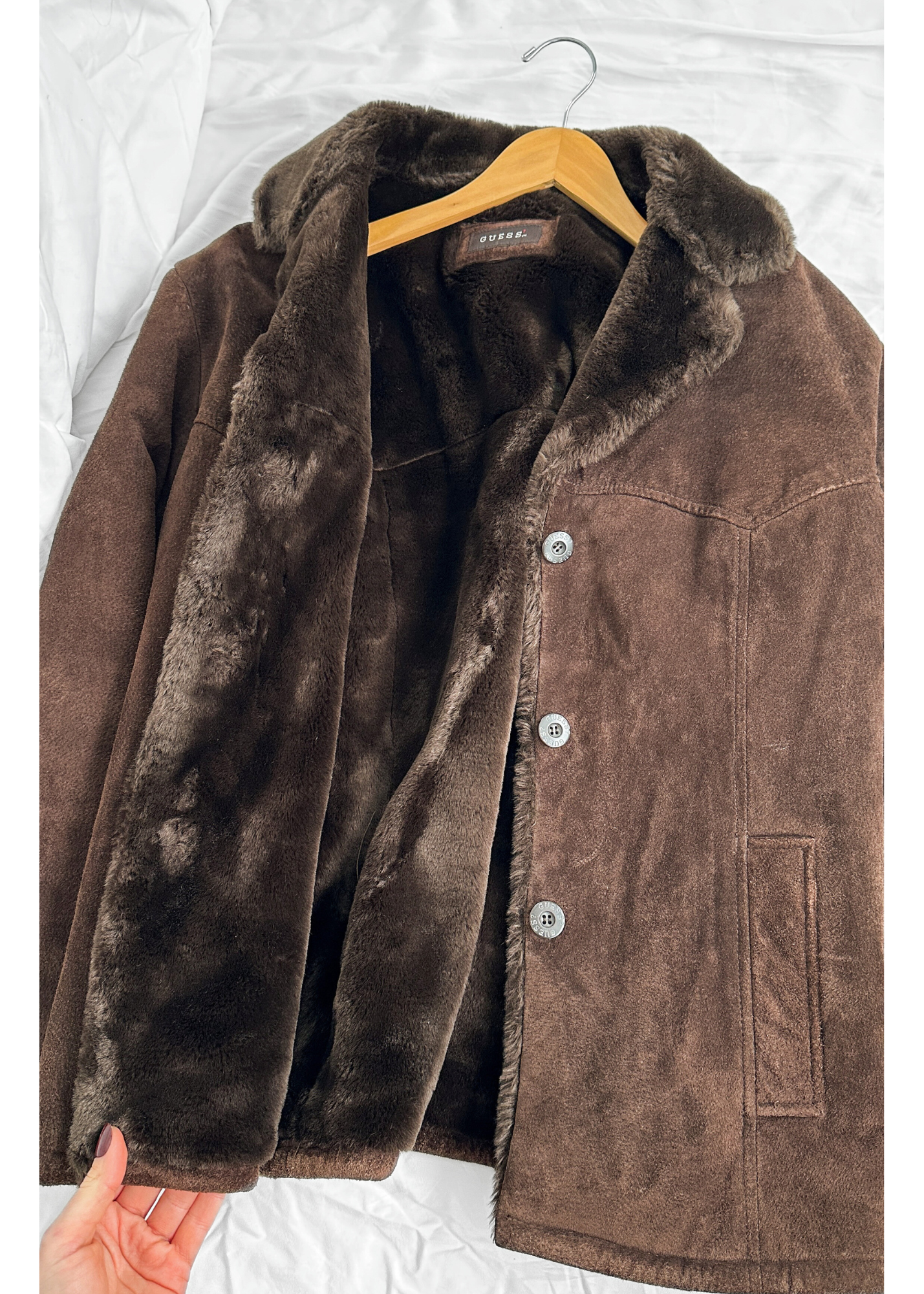 Vintage Guess Chocolate Brown Suede Leather Faux Fur Winter Coat (L)