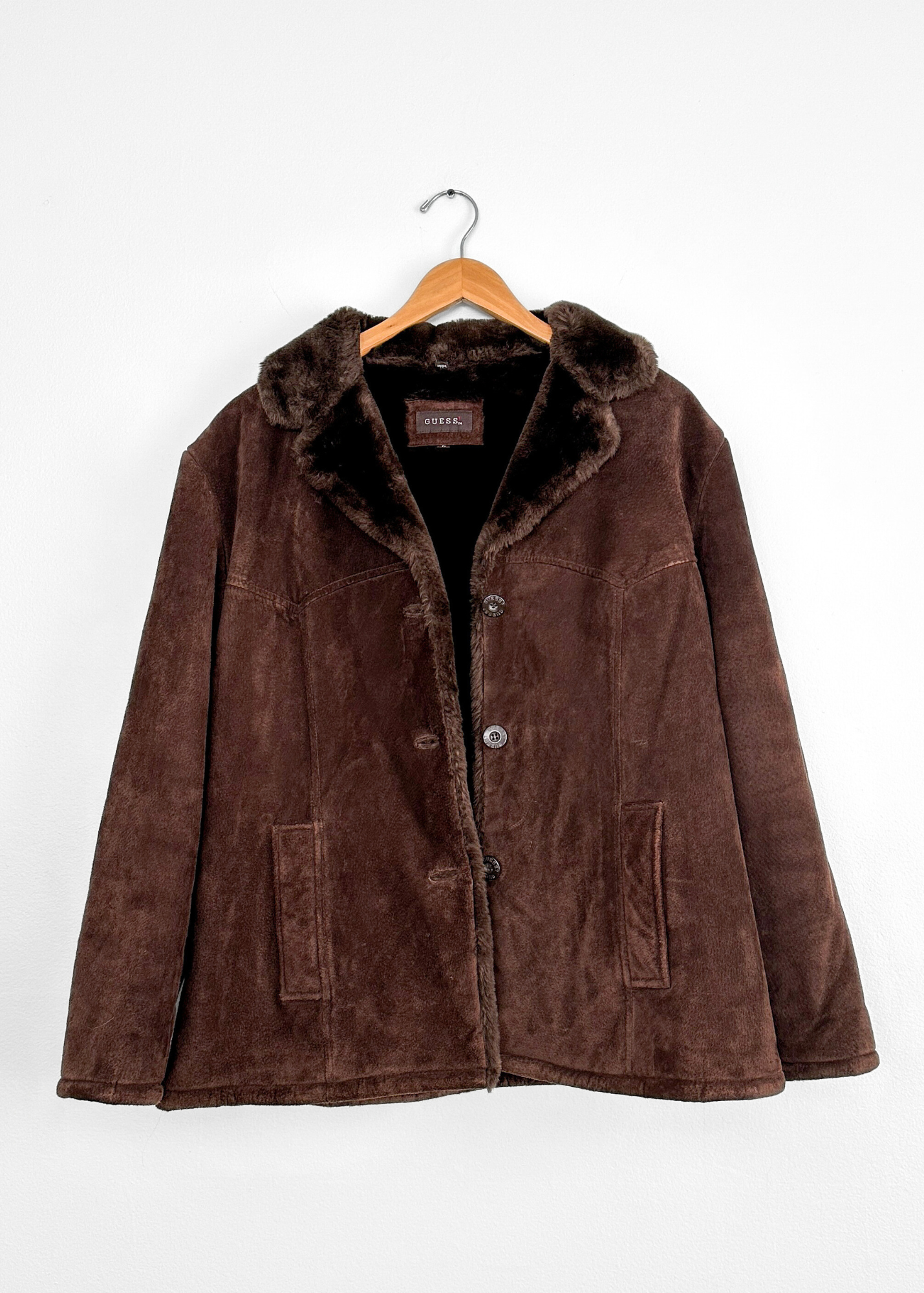 Vintage Guess Chocolate Brown Suede Leather Faux Fur Winter Coat (L)