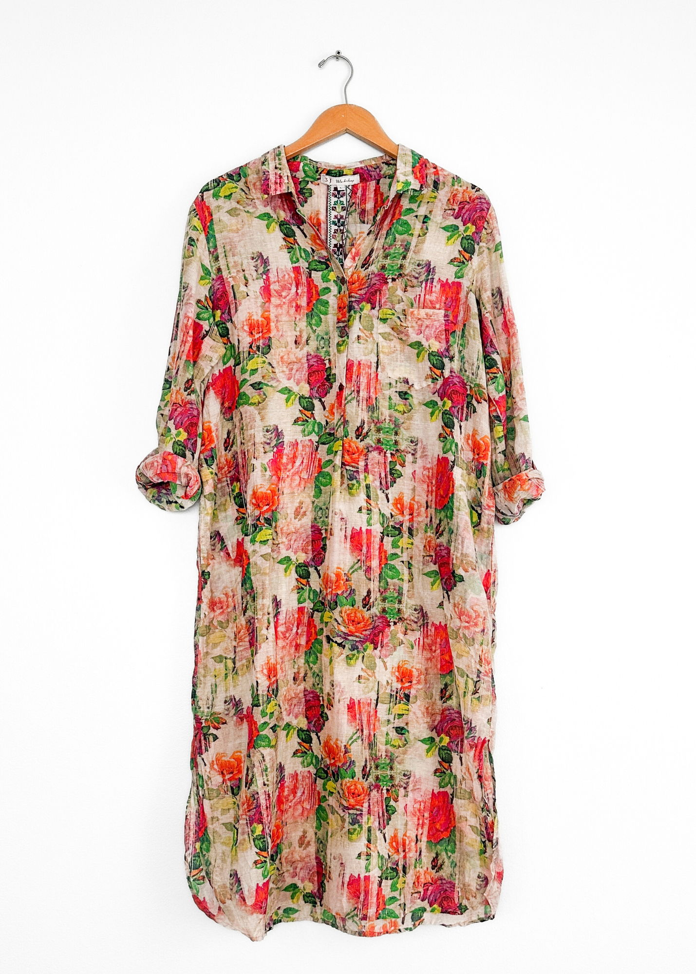 3J Workshop Johnny Was Floral Cotton Silk Shirt Dress (L)