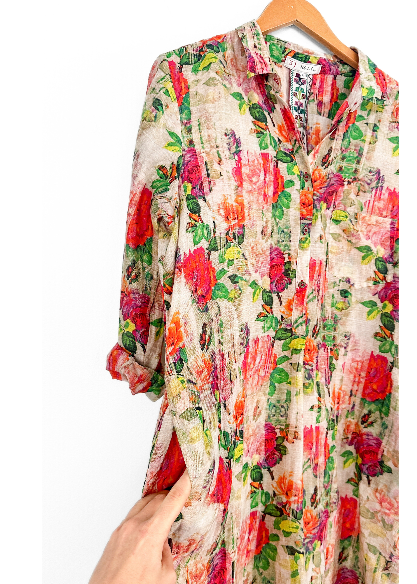 3J Workshop Johnny Was Floral Cotton Silk Shirt Dress (L)